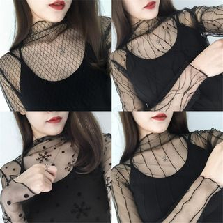 Hevnir-Mock-Neck Long-Sleeve Mesh Top