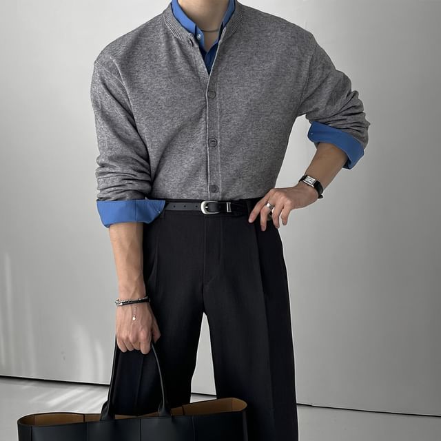 Okwano-Crew Neck Plain Button Up Cardigan
