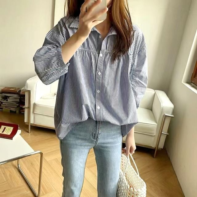 ISSOL-34-Sleeve Striped Oversized Shirt