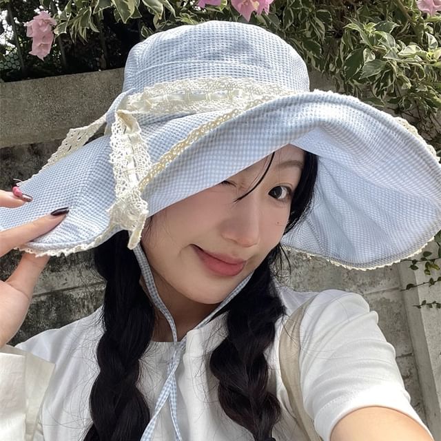 Combon-Lace Trim Plaid Sun Hat