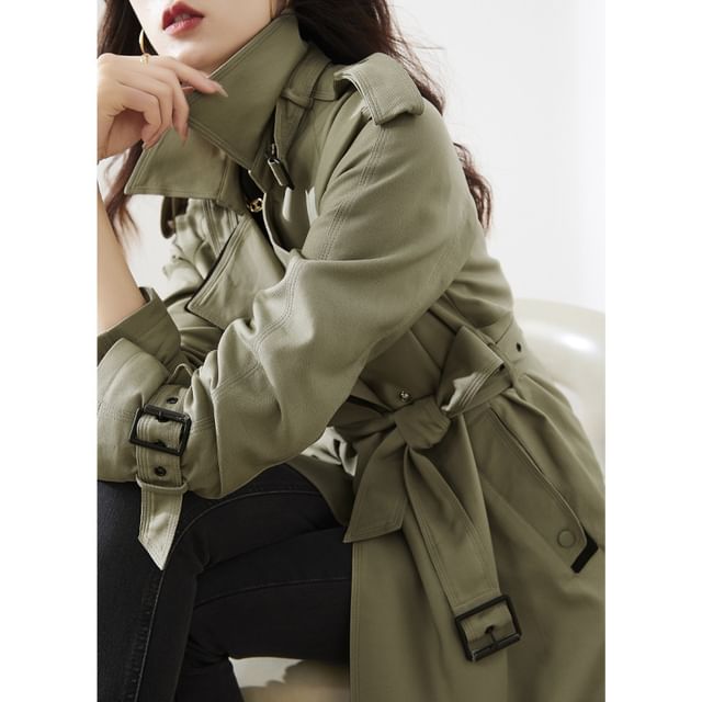 Janunu - High Neck Belt Waist Plain Trench Coat | YesStyle