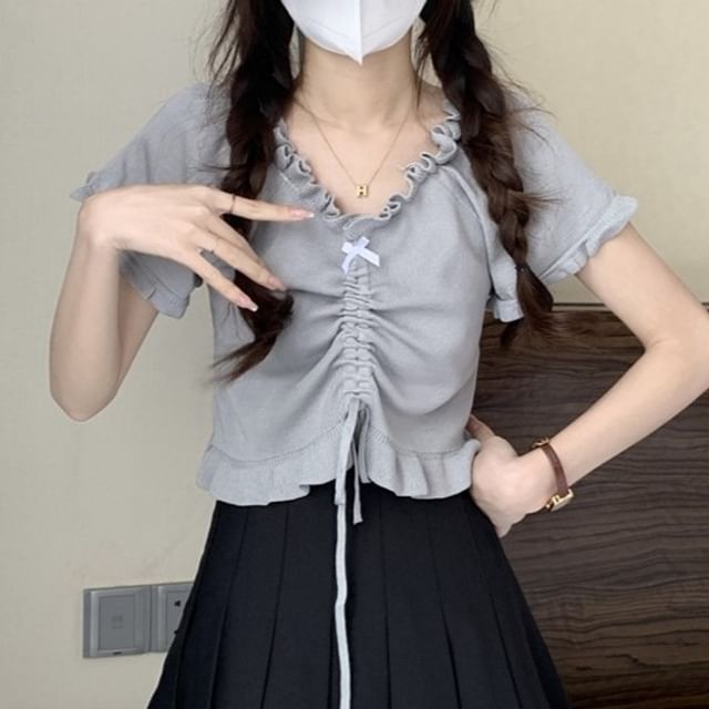 Allinya-Short-Sleeve V-Neck Plain Ruched Drawstring Crop Top