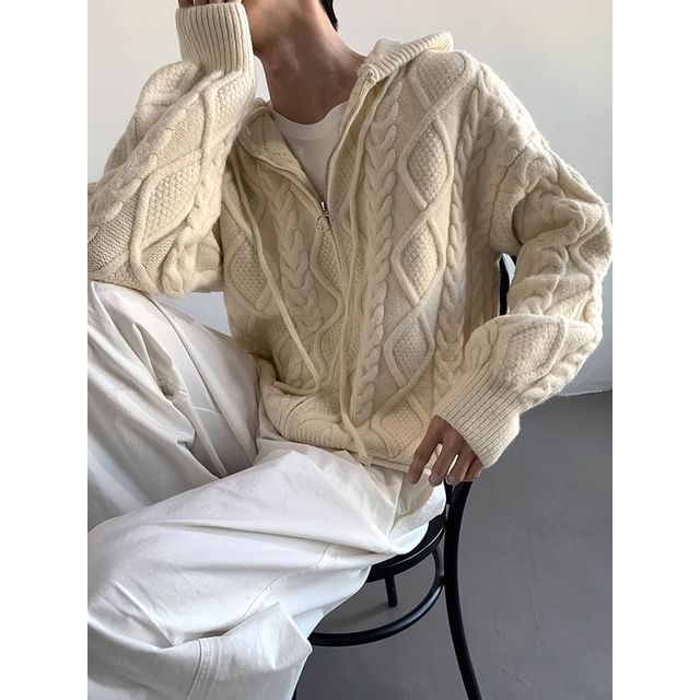 Savenne-Plain Cable Knit Zip-Up Hoodie