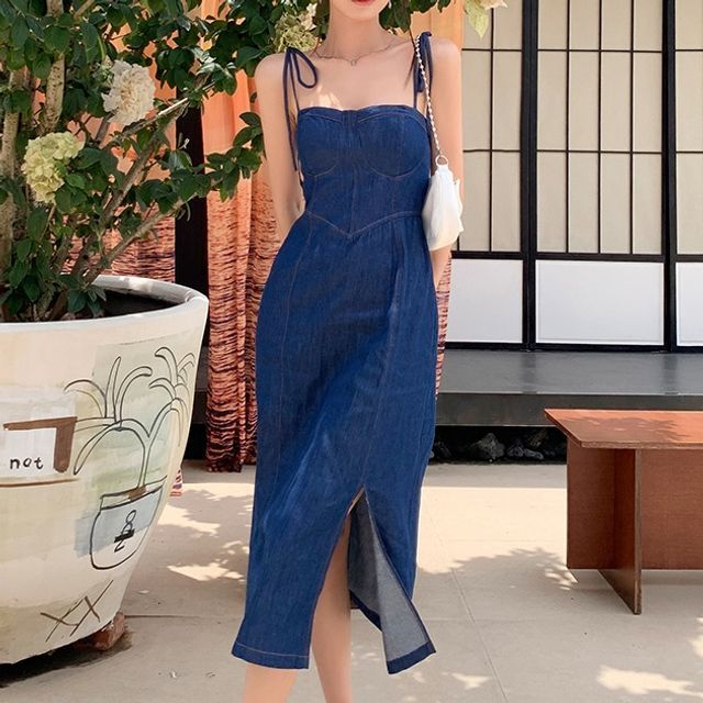 LINSI - Spaghetti Strap Side-Slit Denim Midi Sheath Dress / Plain Cropped  Open Front Cardigan | YesStyle