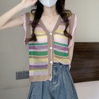 Allinya-V-Neck Striped Ruffled Button-Up Sleeveless Top