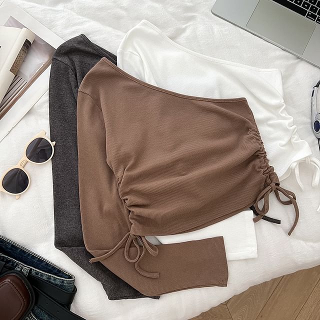 DIYI-Long Sleeve One Shoulder Plain Drawstring Top