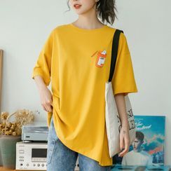 Jamong - Elbow-Sleeve Cartoon Print T-Shirt