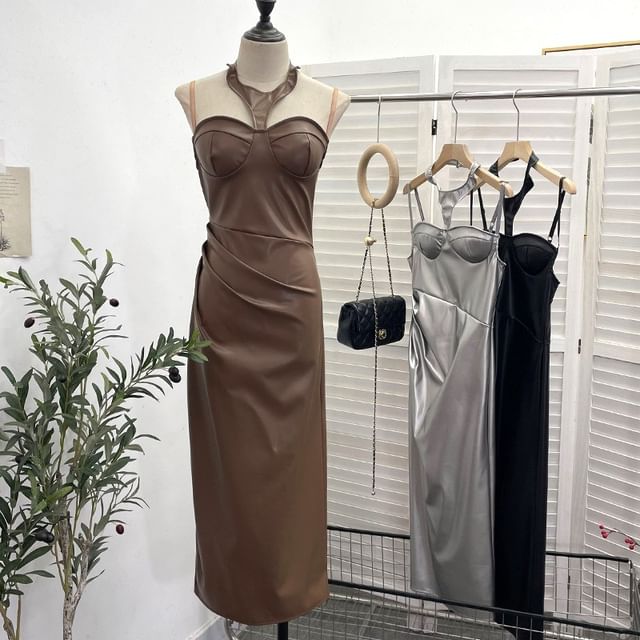 Allinya - Spaghetti Strap Halter Plain Slit Faux Leather Midi Sheath Dress | YesStyle Allinya - Spaghetti Strap Halter Plain Slit Faux Leather Midi Sheath Dress | YesStyle