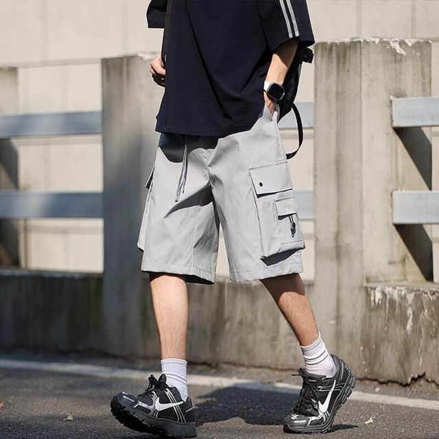 Bay Go Mall-Drawstring Waist Plain Cargo Shorts