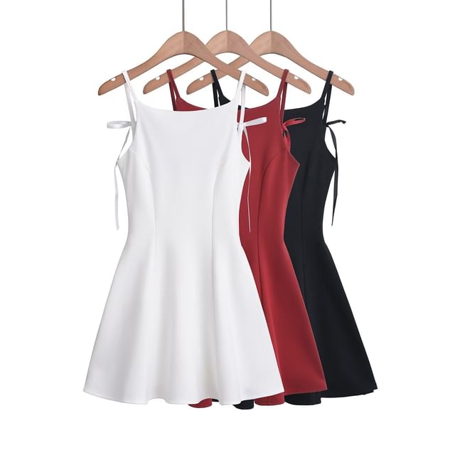 Asiris-Spaghetti Strap Scoop Neck Plain Bowknot Mini A-Line Dress
