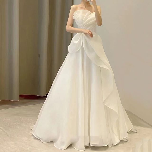 Wospe - Strapless Shirred Asymmetrical Ruffled Wedding Ball Gown | YesStyle