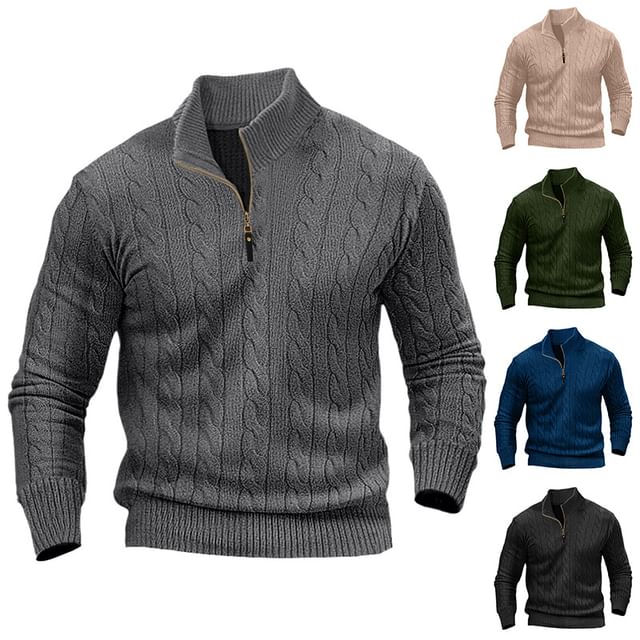 FORSETI-Stand Collar Plain Cable Knit Half-Zip Sweater