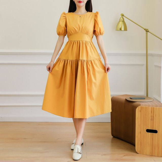 Fancy Show - Puff-Sleeve Tie-Back Midi A-Line Dress | YesStyle