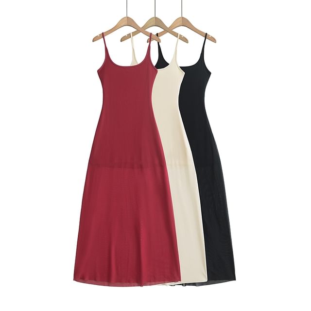 Ulark-Spaghetti Strap Plain Mesh Maxi A-Line Dress