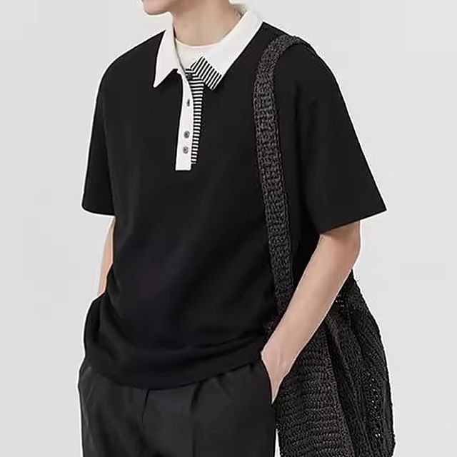 GRAYCIOUS-Short Sleeve Striped Panel Polo Shirt