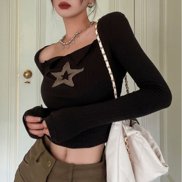 Yako-Long-Sleeve Square Neck Star Accent Crop Top