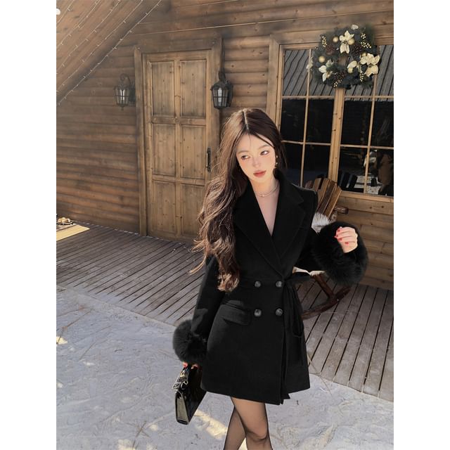 KUMI-Lapel Collar Plain Long Double-Breasted Coat