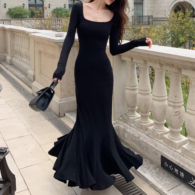 chinese dress ladies Beaded Mermaid Long Sleeve Prom Dresses Square Neck Pageant Dress 24522 Lavender / US4 main image 1