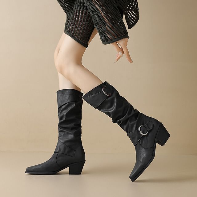 Queen Zoo-Square Toe Buckled Block Heel Knee High Boots