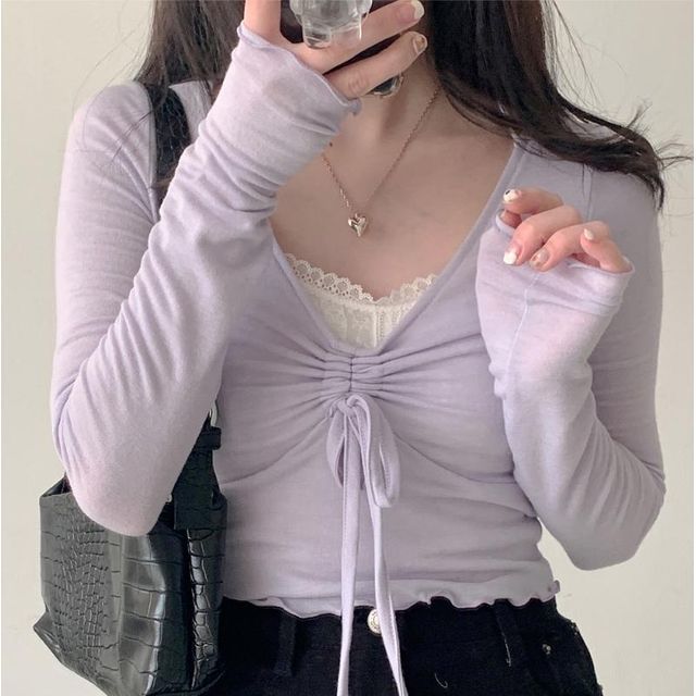Glotto-Long Sleeve V-Neck Drawstring Crop Tee