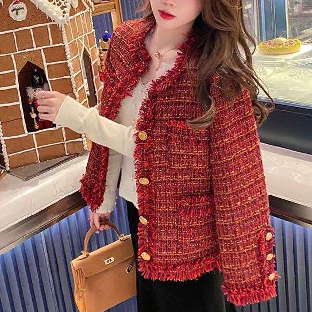 ISSOL-Plaid Fringed Trim Tweed Single-Breasted Jacket