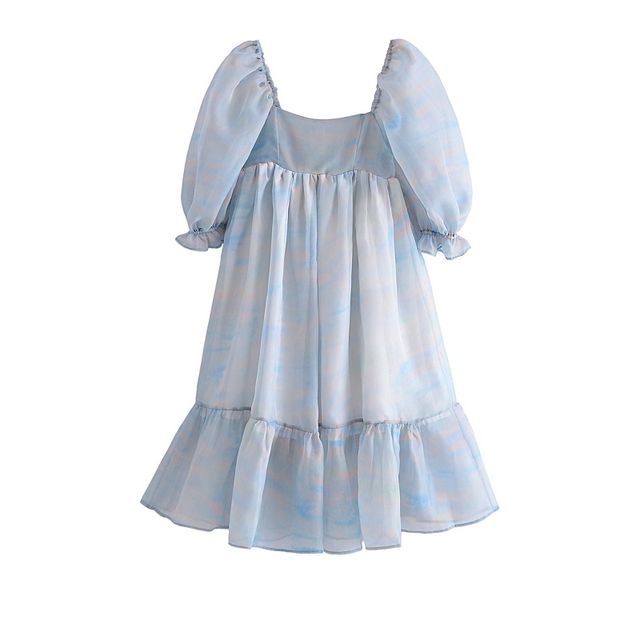 Puff-Sleeve Tie Dye Smock Dress 