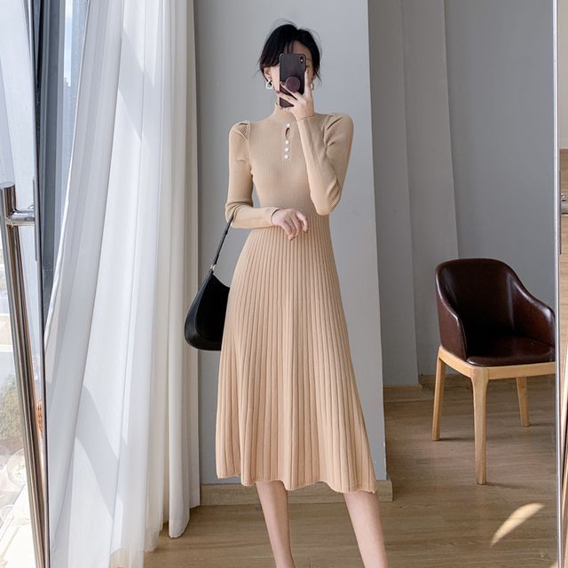 winter knit dress Dark Green Knitted Long Sleeve Midi Dress