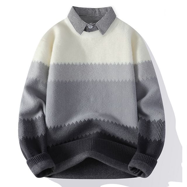 FORSETI-Collared Mock Two-Piece Striped Panel Sweater