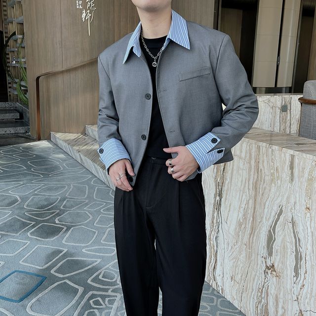Orungeetun-Long-Sleeve Single Breasted Striped Panel Blazer