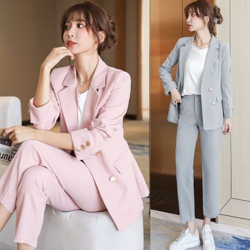 White Double Breasted V Neck Blazer And Pants Set For Women