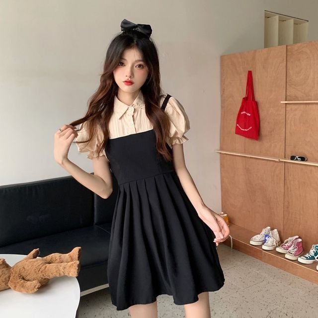 Sienne - Mock Two-Piece Puff-Sleeve Mini Shirt Dress | YesStyle