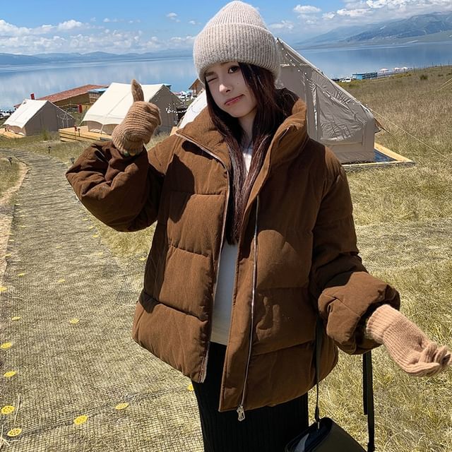 Sienne-Stand Collar Plain Corduroy Zip Puffer Jacket