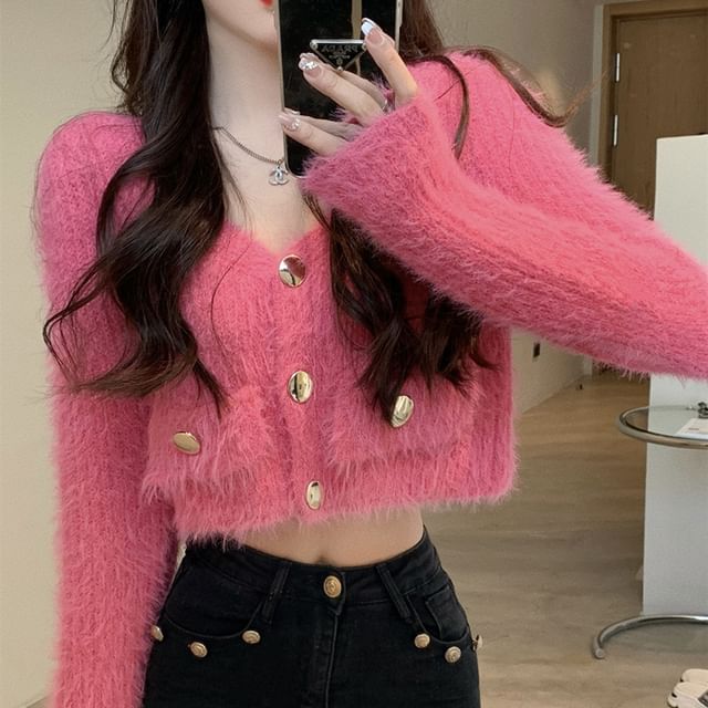 MIKIGA-V-Neck Plain Cropped Cardigan