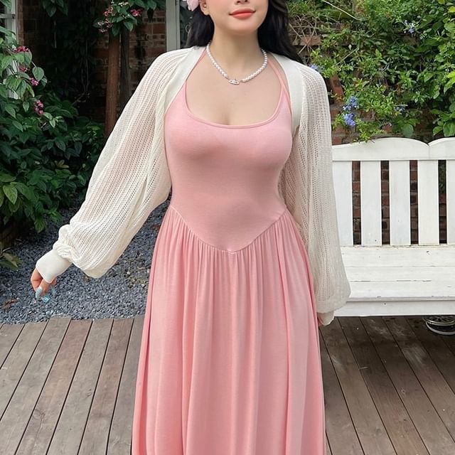 tropibreeze - Halter-Neck Plain Midi A-Line Dress / Shrug / Set | YesStyle