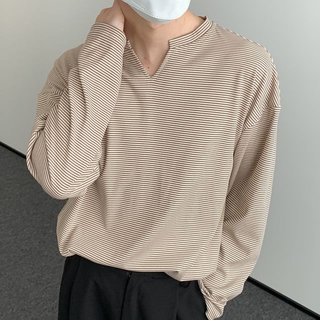 DAZO Studios-Long Sleeve Notch Neck Striped T-Shirt