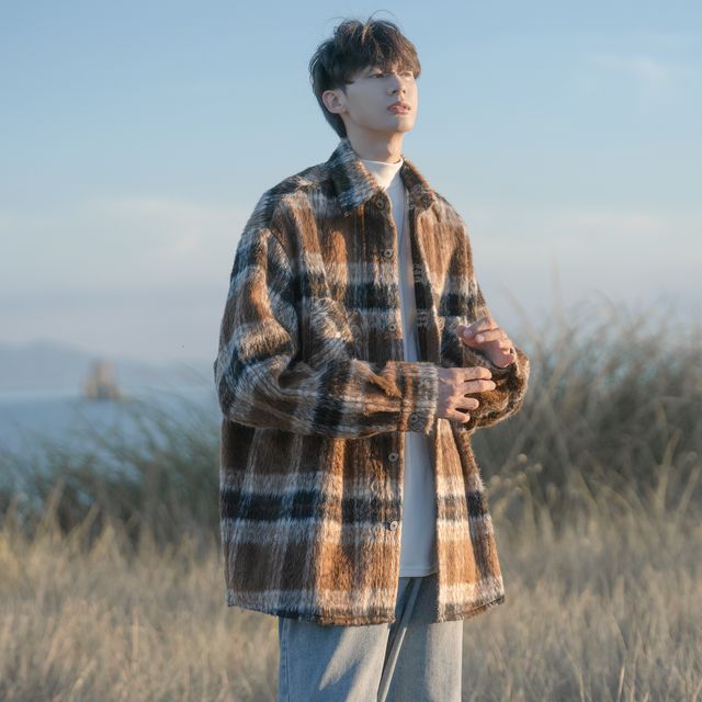 emeisa-Collar Plaid Snap Button Jacket