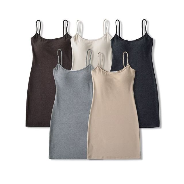 Hollahop-Spaghetti Strap Scoop Neck Plain Mini Sheath Dress