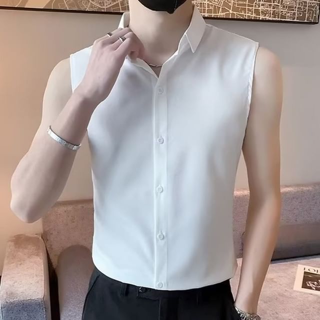 Urtishia-Sleeveless Collared Plain Shirt