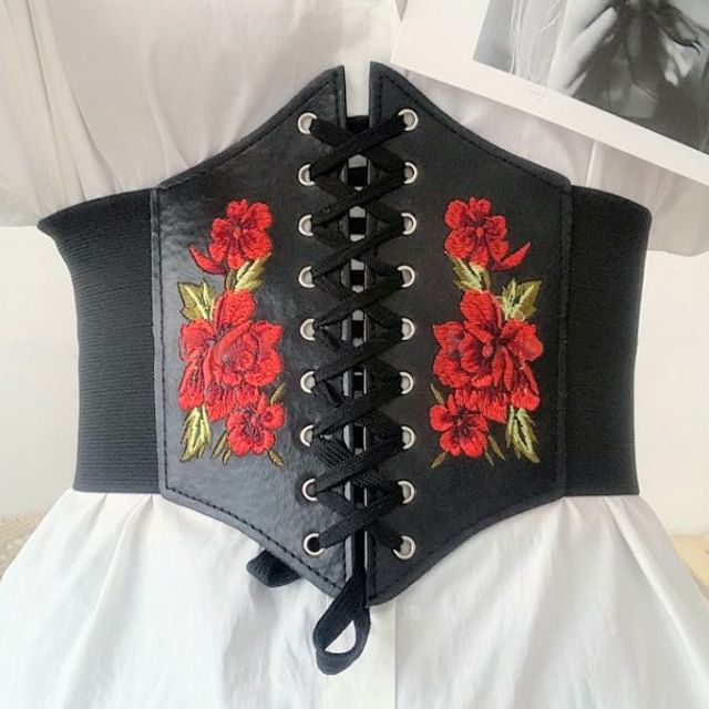 Corset belt with flower embroidery Women main image 3