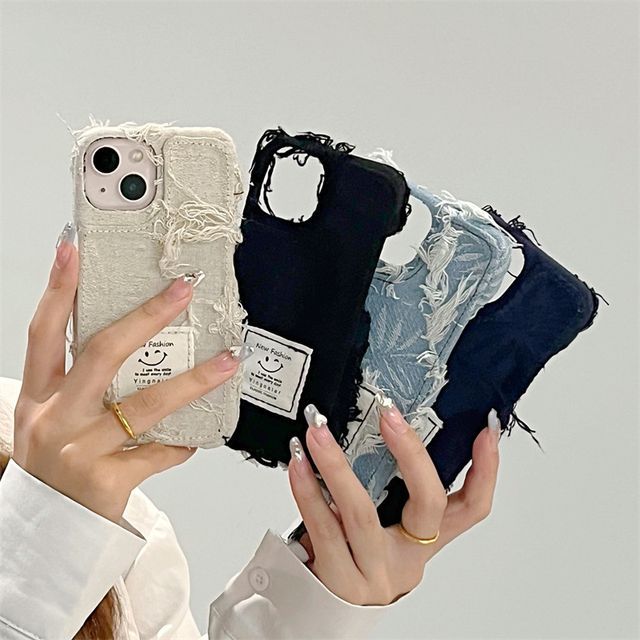 Smiley Applique Distressed Denim Phone Case iPhone 14 Pro Max 14 Pro 14 Max 14 13 Pro Max 13 Pro 13 13 mini 12 Pro Max 12 Pro 12