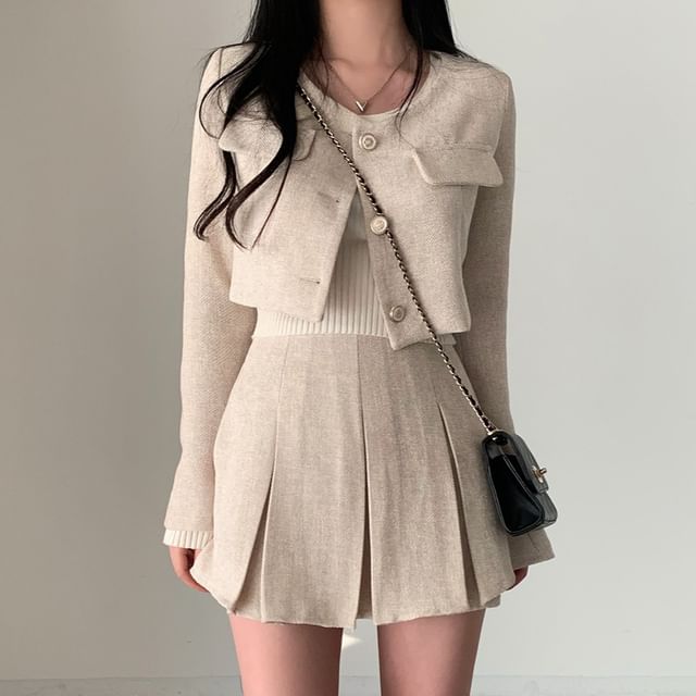 Coris-Round Neck Plain Crop Button Jacket High Rise Pleated Mini A-Line Skirt