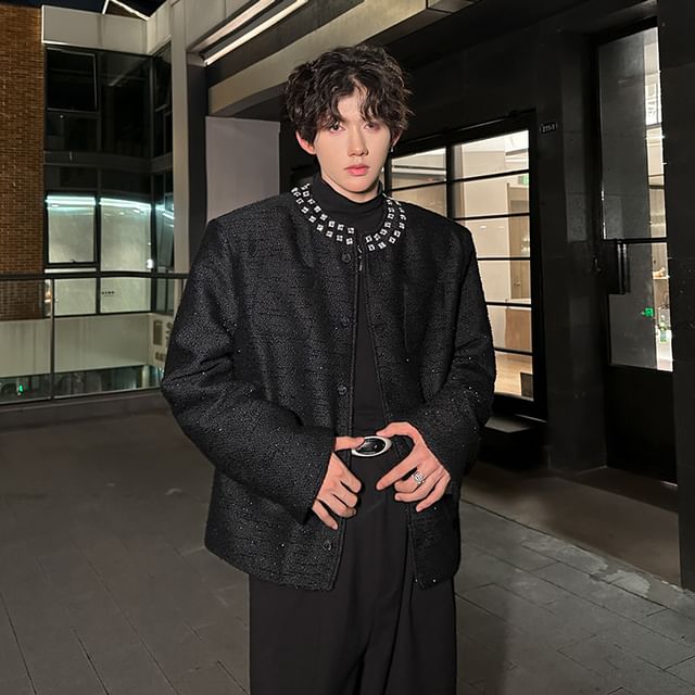 ravewider-Round Neck Rhinestone Tweed Button Jacket