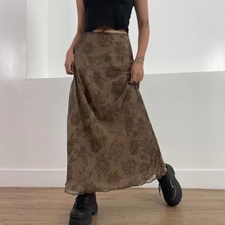 Genrovia High Waist Floral Mesh Maxi A Line Skirt