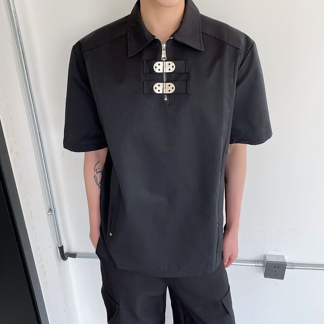 Bjorn-Short-Sleeve Collared Plain Half Zip Top
