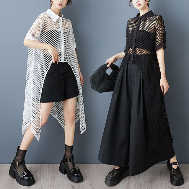 Lewwe-Short Sleeve Collared Plain High-Low Mesh Shirt
