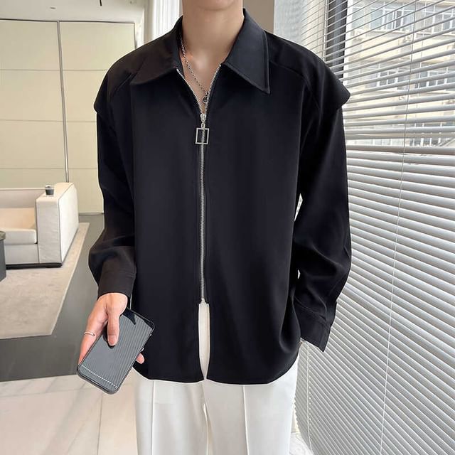 Freehop-Collared Zip-Up Plain Jacket