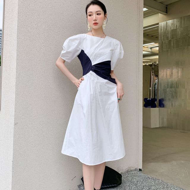 Fresiea - Puff-Sleeve Asymmetrical Neck Paneled Shirred Midi A-Line Dress | YesStyle Fresiea - Puff-Sleeve Asymmetrical Neck Paneled Shirred Midi A-Line Dress | YesStyle