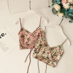 Lucuna - Lace-Up Back Floral Print Cropped Velvet Camisole Lucuna - Lace-Up Back Floral Print Cropped Velvet Camisole