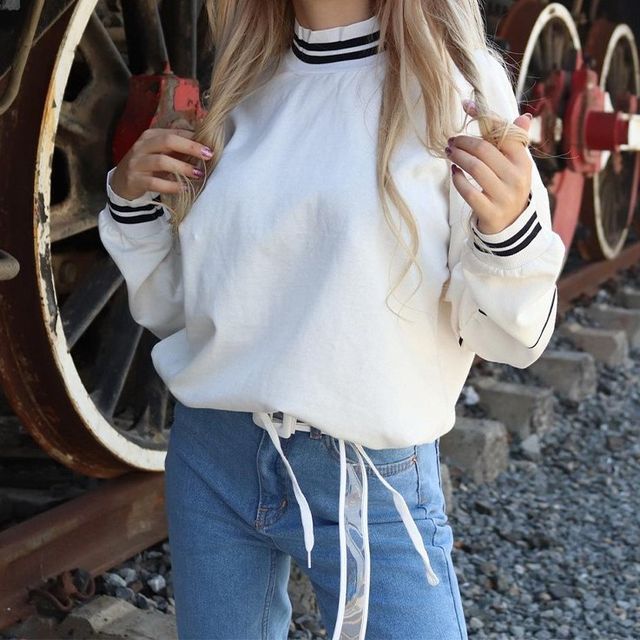 Gryffen - Mock-Neck Striped-Trim Sweatshirt | YesStyle