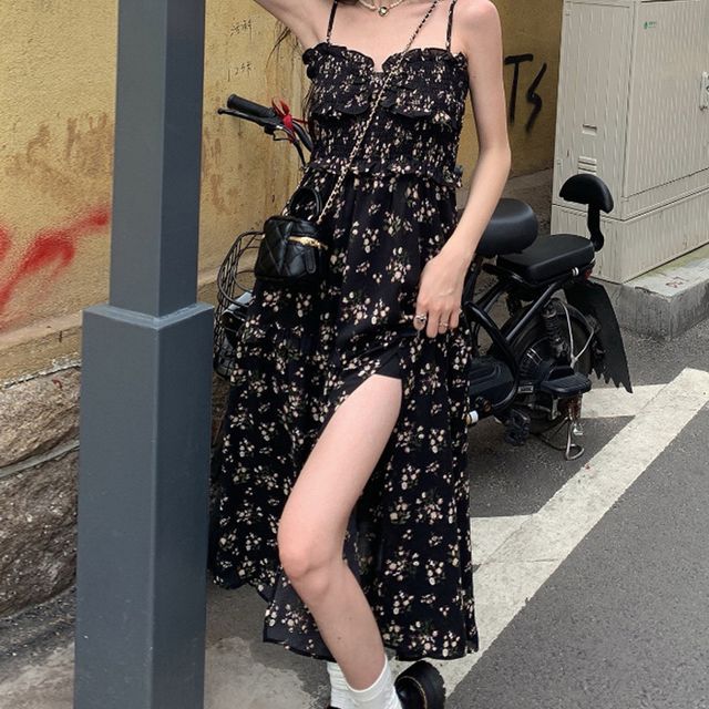 MARION - Spaghetti Strap V-Neck Floral Midi A-Line Dress | YesStyle